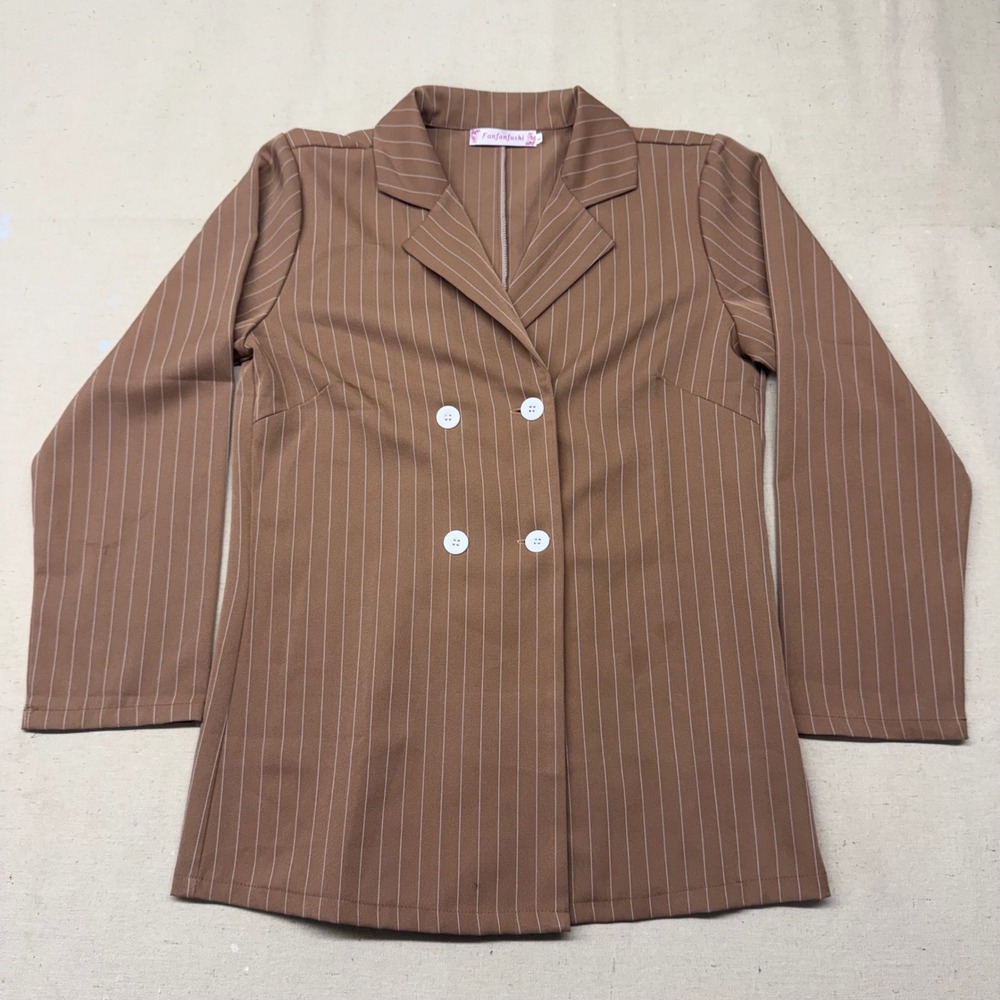 Fanfanfushi Brown Pinstripe Double Breasted Blazer Jacket Size L